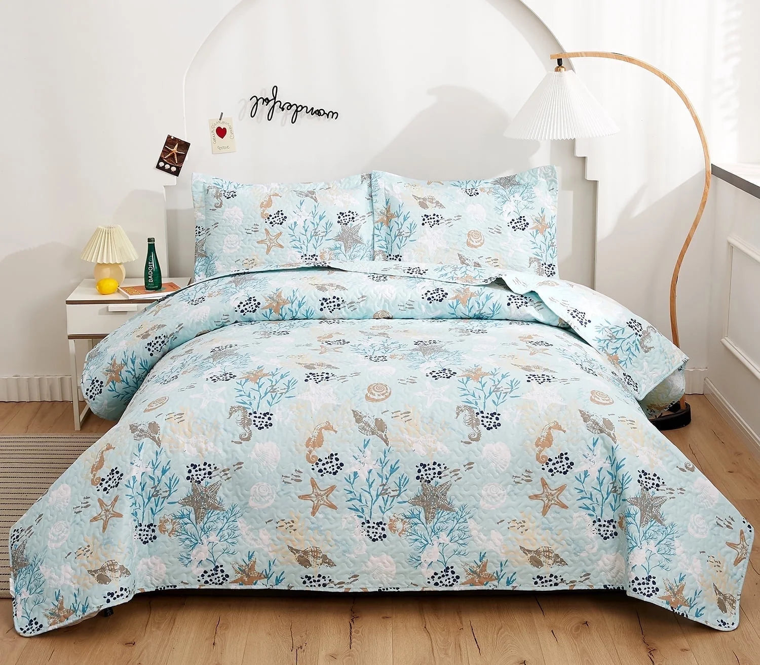Smuge 3-Piece Seashell Bedding Set (Twin/Queen/King) Microfiber,Lightweight, Reversible, all season Coverlet Bedspread