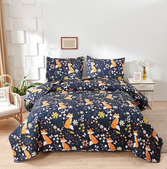 Smuge 3 Pcs Orange Blue Fox Quilt Sets Full/Queen Size Bedding Set Microfiber Bedspread Classic Plaid Coverlet Bed Cover Decor, 1 Quilt & 2 Pillow Shams