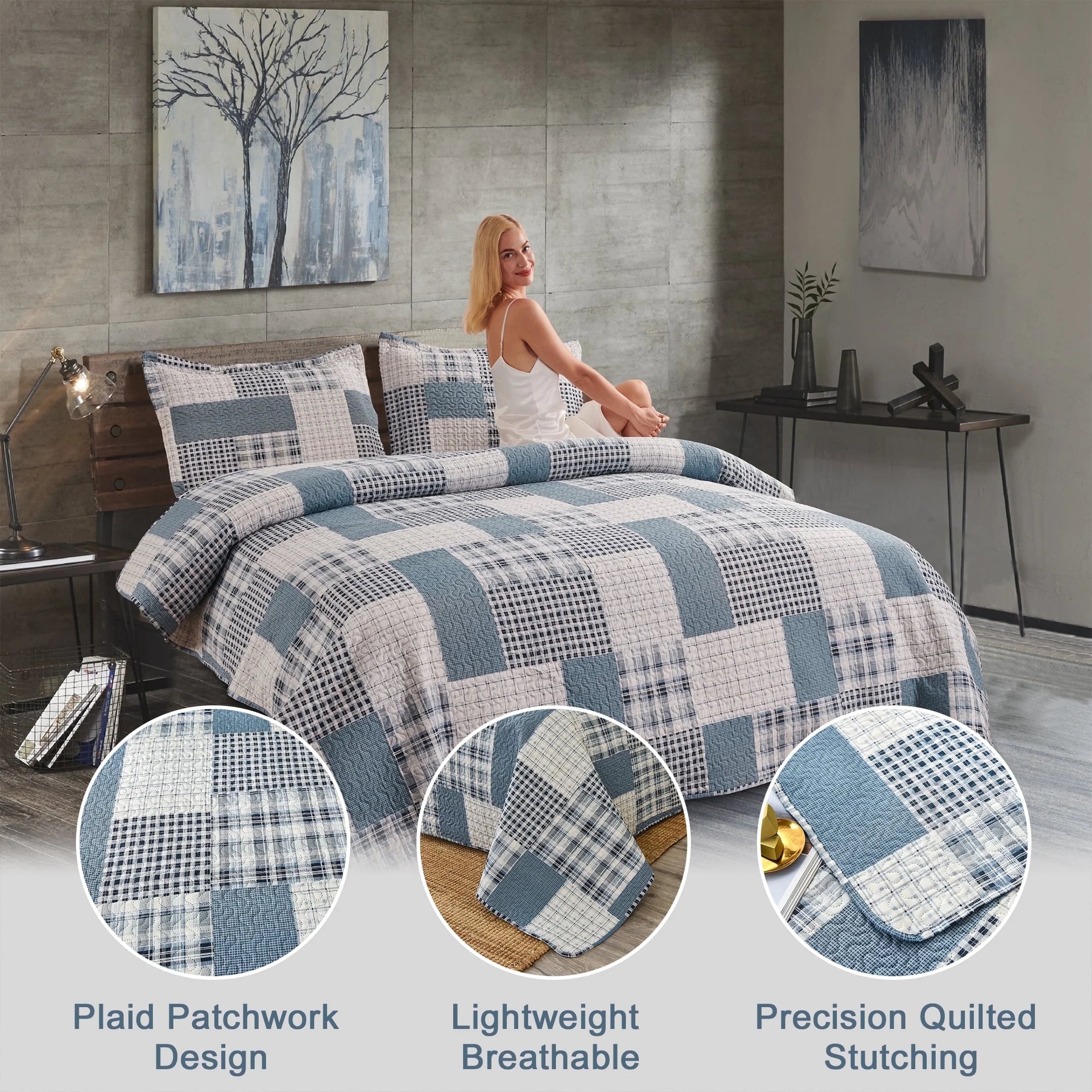 Smuge 3 Piece Quilt Set-Twin/Queen/King Sizes, Microfiber,Lightweight, Reversible, Modern Plaid Patchwork,All-Season Bedspread