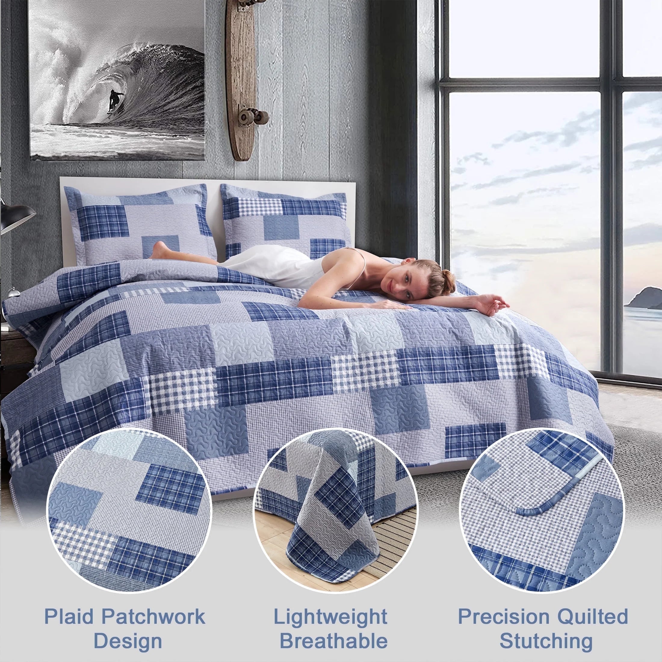 Smuge 3 Piece Quilt Set-Twin/Queen/King Sizes, Microfiber,Lightweight, Reversible, Modern Plaid Patchwork,All-Season Bedspread