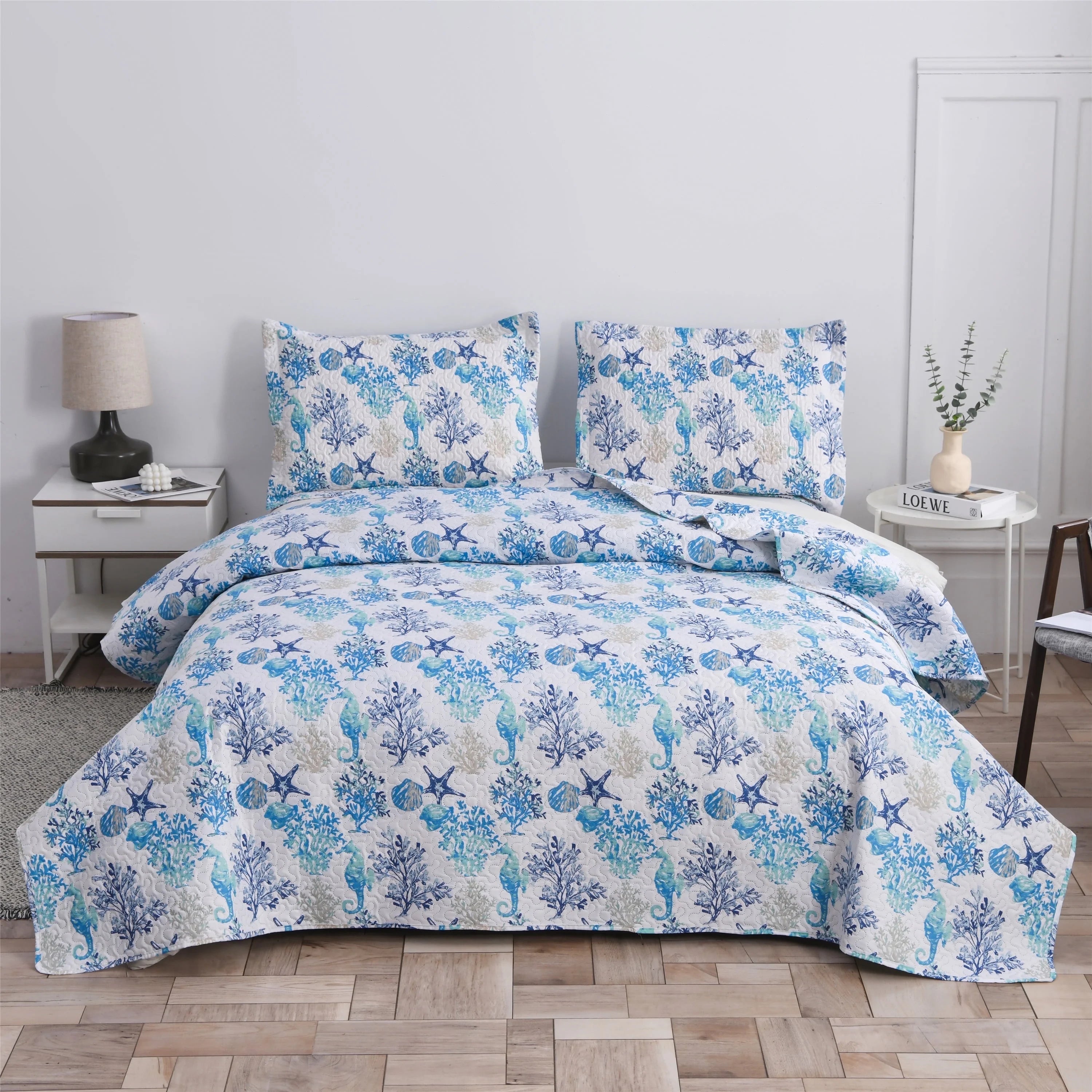 Smuge 3-Piece Seashell Bedding Set (Twin/Queen/King) Microfiber,Lightweight, Reversible, all season Coverlet Bedspread