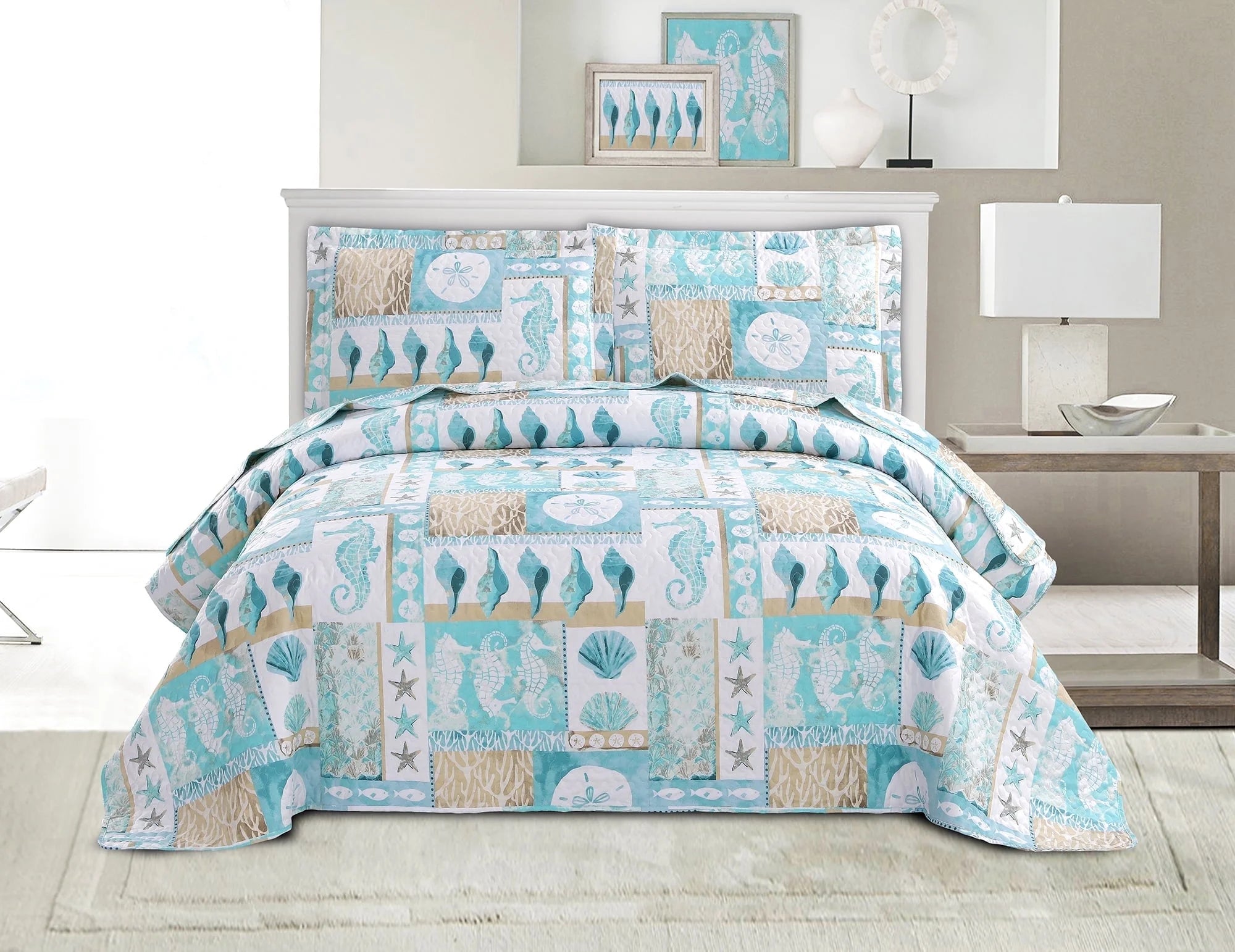 Smuge 3-Piece Seashell Bedding Set (Twin/Queen/King) Microfiber,Lightweight, Reversible, all season Coverlet Bedspread