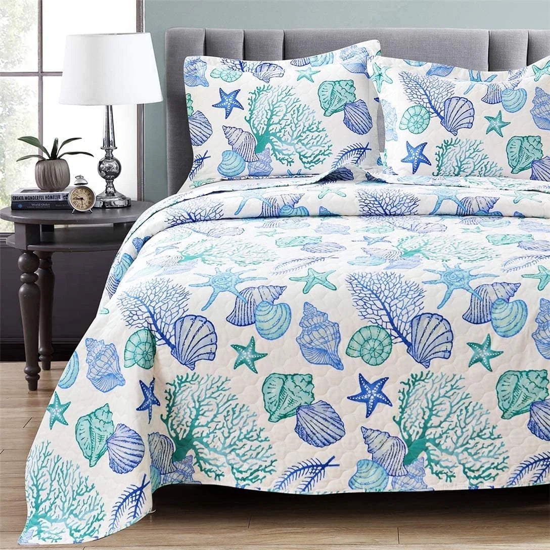 Smuge 3-Piece Seashell Bedding Set (Twin/Queen/King) Microfiber,Lightweight, Reversible, all season Coverlet Bedspread