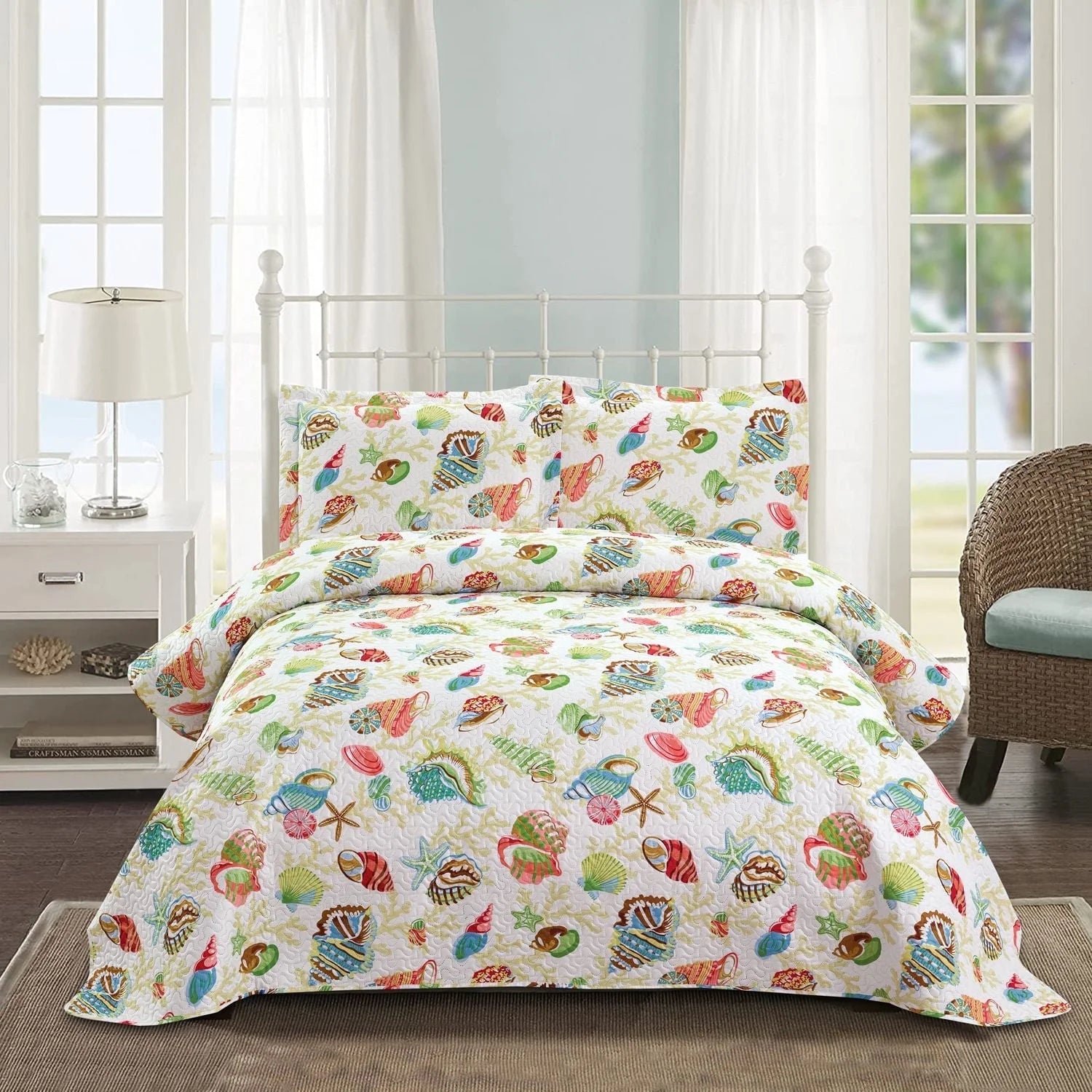 Smuge 3-Piece Seashell Bedding Set (Twin/Queen/King) Microfiber,Lightweight, Reversible, all season Coverlet Bedspread