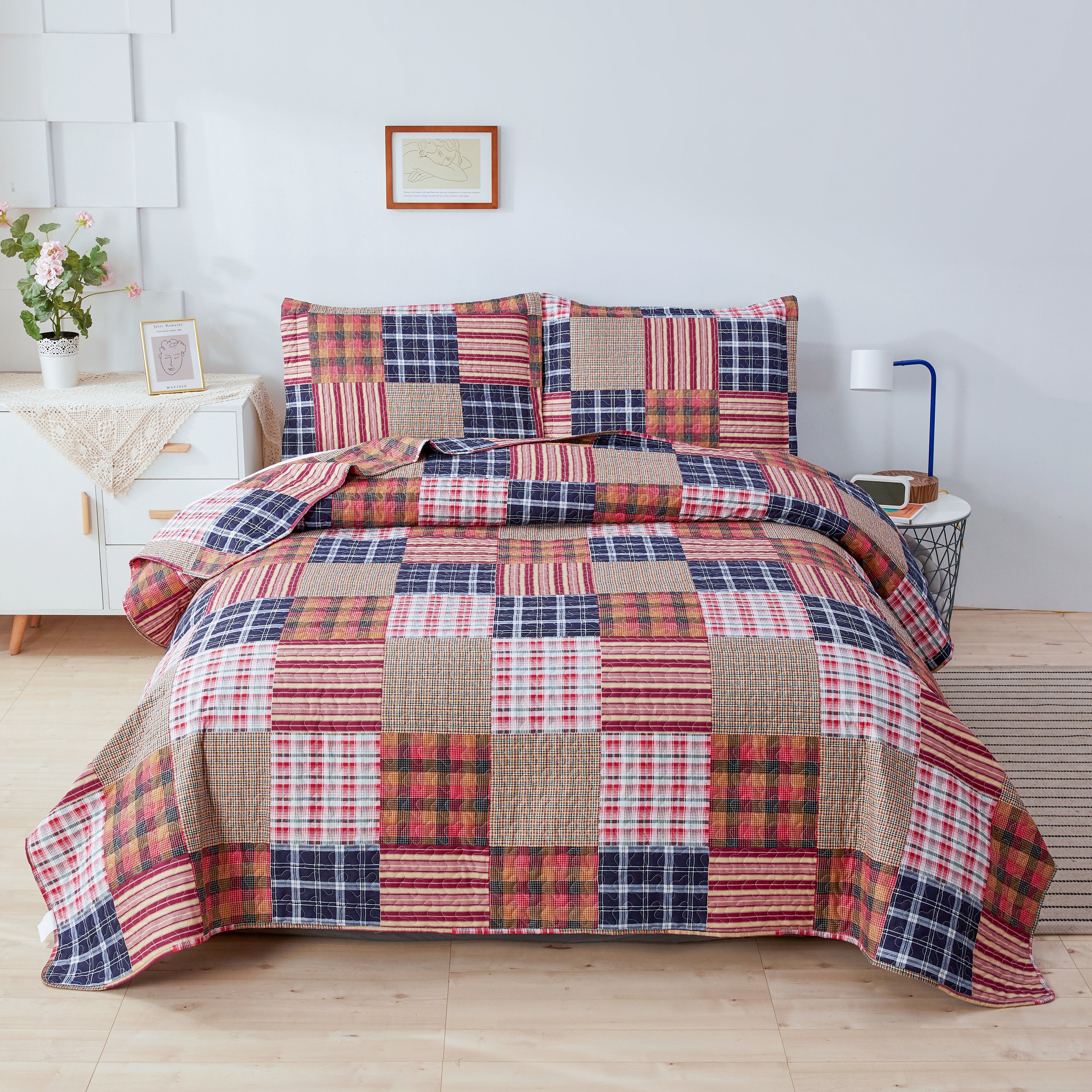 Smuge 3 Piece Quilt Set-Twin/Queen/King Sizes, Microfiber,Lightweight, Reversible, Modern Plaid Patchwork,All-Season Bedspread