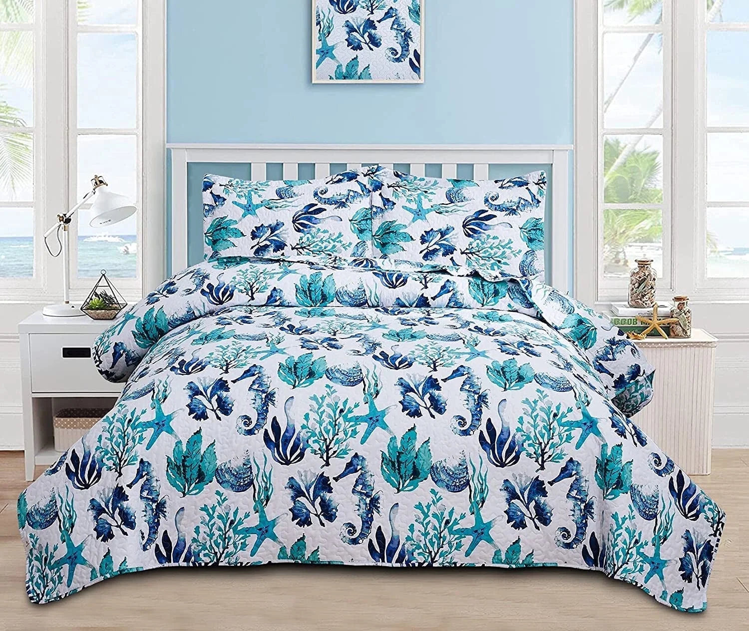 Smuge 3-Piece Seashell Bedding Set (Twin/Queen/King) Microfiber,Lightweight, Reversible, all season Coverlet Bedspread