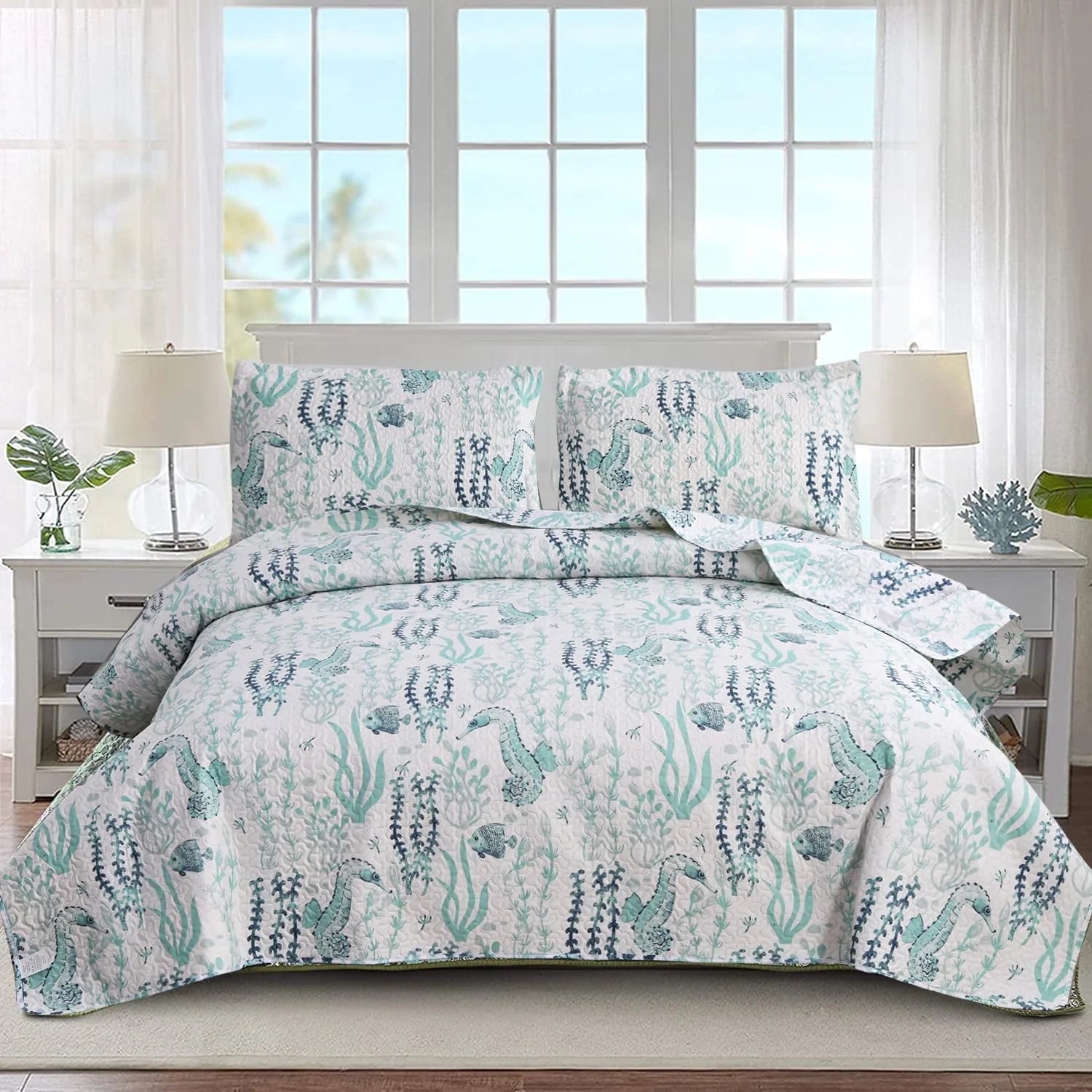 Smuge 3-Piece Seashell Bedding Set (Twin/Queen/King) Microfiber,Lightweight, Reversible, all season Coverlet Bedspread