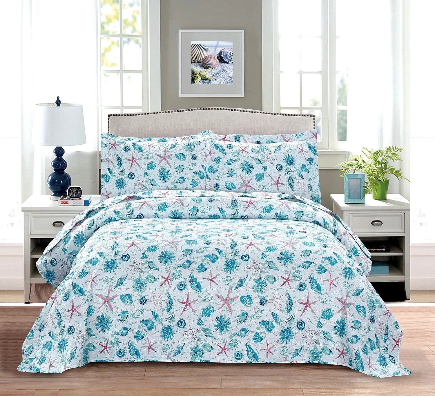 Smuge 3-Piece Seashell Bedding Set (Twin/Queen/King) Microfiber,Lightweight, Reversible, all season Coverlet Bedspread