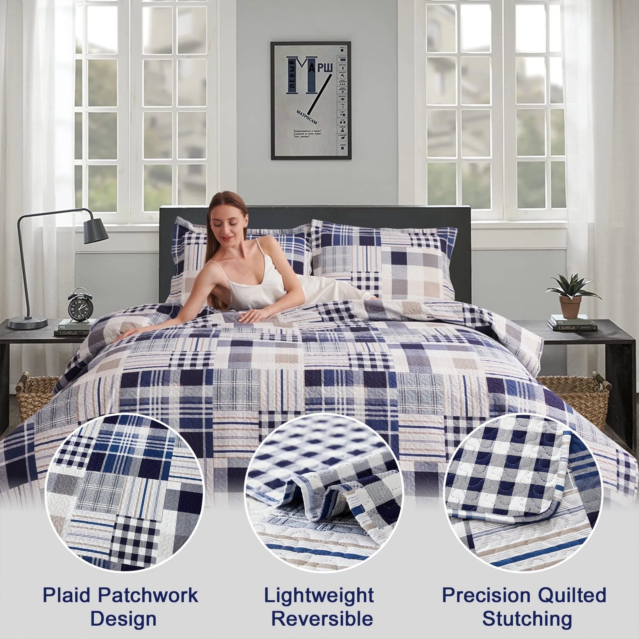 Smuge 3 Piece Quilt Set-Twin/Queen/King Sizes, Microfiber,Lightweight, Reversible, Modern Plaid Patchwork,All-Season Bedspread