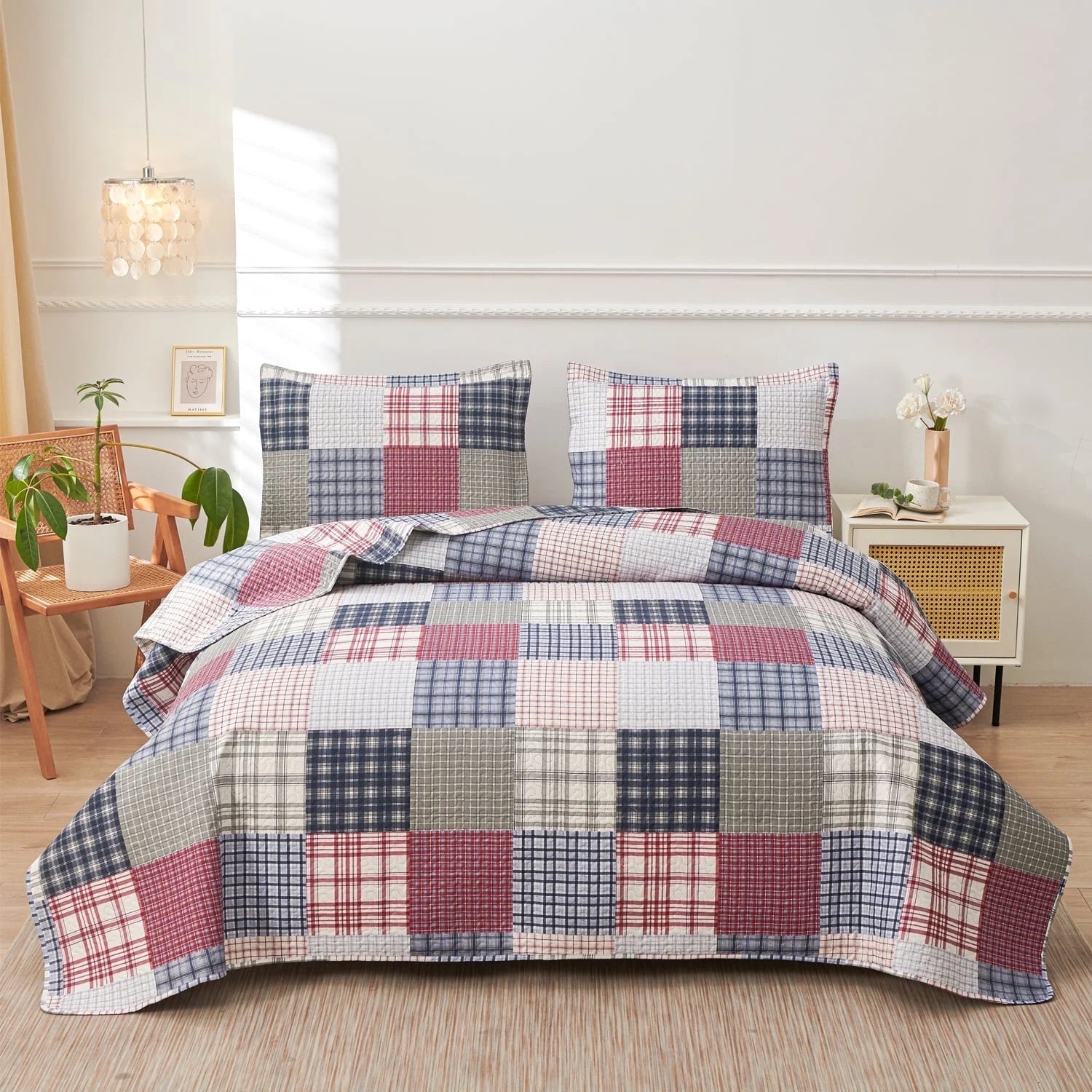Smuge 3 Piece Quilt Set-Twin/Queen/King Sizes, Microfiber,Lightweight, Reversible, Modern Plaid Patchwork,All-Season Bedspread