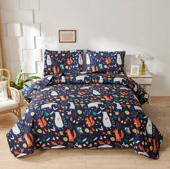 Smuge 3 Pcs Orange Blue Fox Quilt Sets Full/Queen Size Bedding Set Microfiber Bedspread Classic Plaid Coverlet Bed Cover Decor, 1 Quilt & 2 Pillow Shams