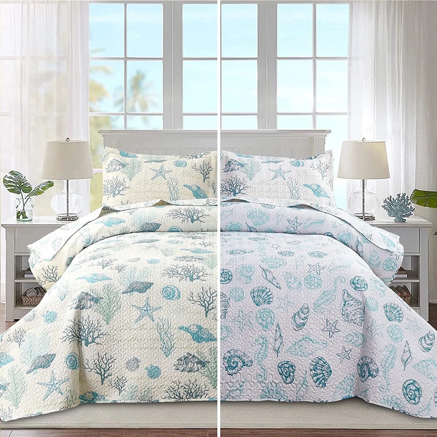 Smuge 3-Piece Seashell Bedding Set (Twin/Queen/King) Microfiber,Lightweight, Reversible, all season Coverlet Bedspread