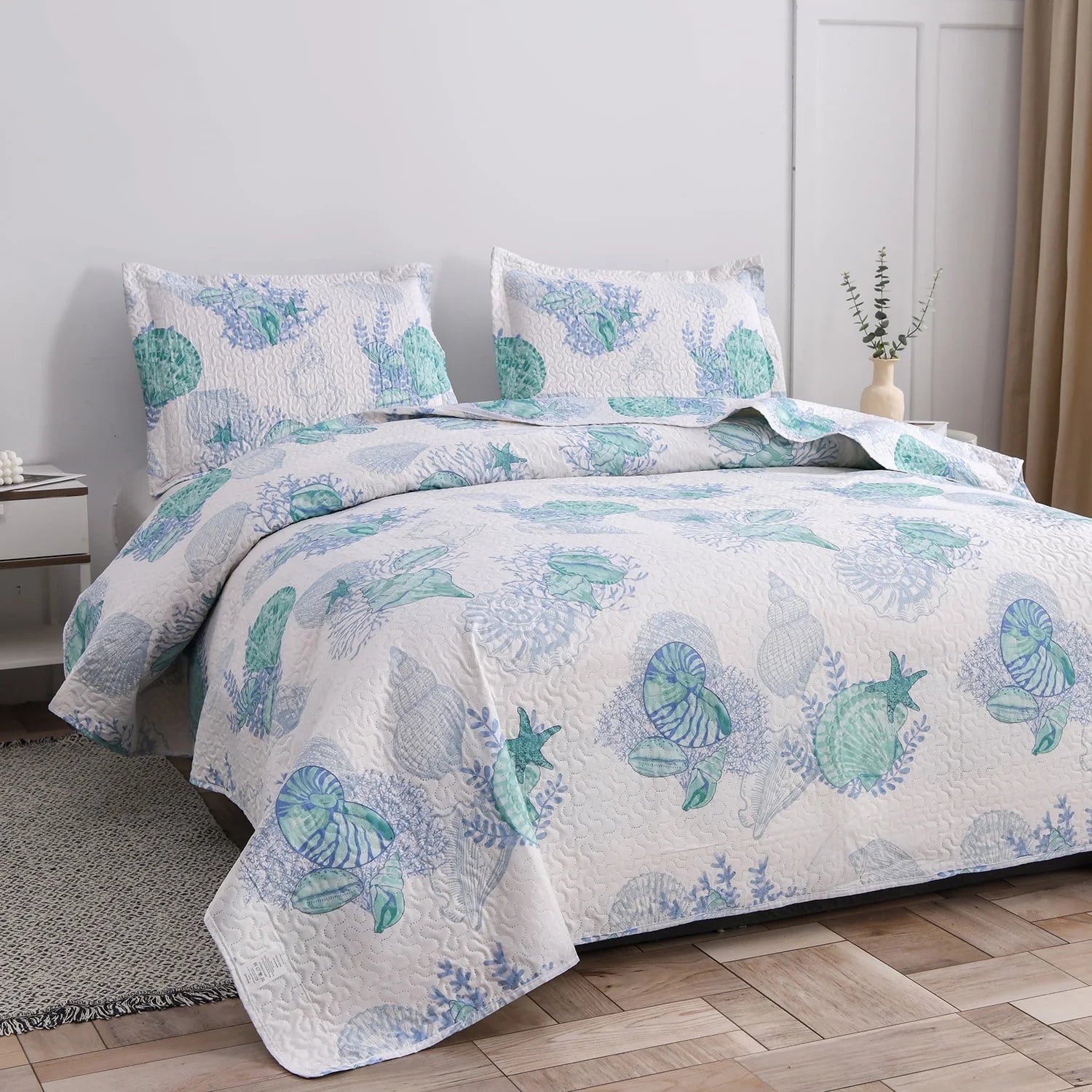 Smuge 3-Piece Seashell Bedding Set (Twin/Queen/King) Microfiber,Lightweight, Reversible, all season Coverlet Bedspread
