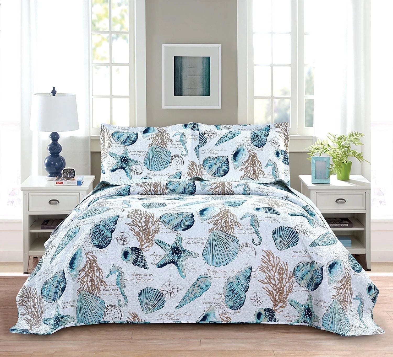 Smuge 3-Piece Seashell Bedding Set (Twin/Queen/King) Microfiber,Lightweight, Reversible, all season Coverlet Bedspread