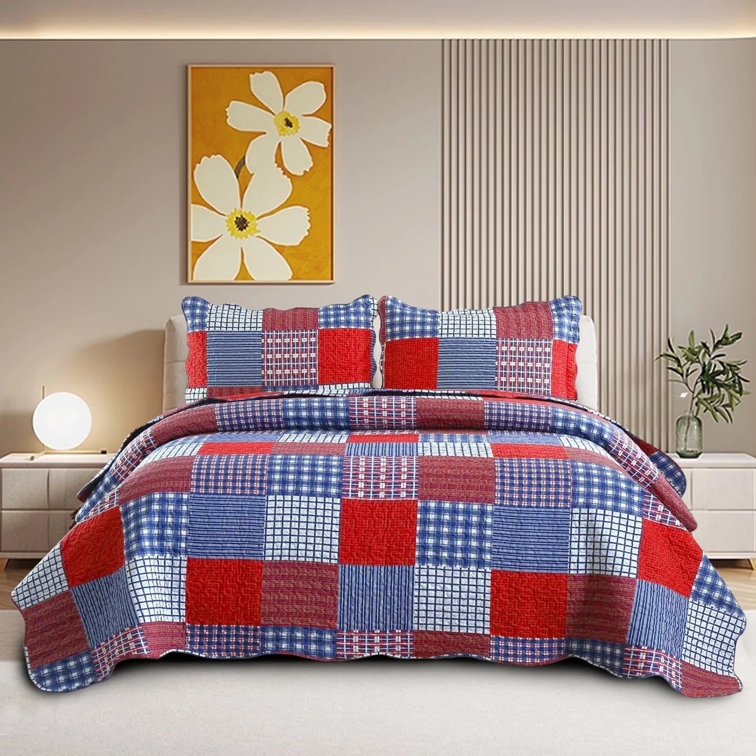 Smuge 3 Piece Quilt Set-Twin/Queen/King Sizes, Microfiber,Lightweight, Reversible, Modern Plaid Patchwork,All-Season Bedspread