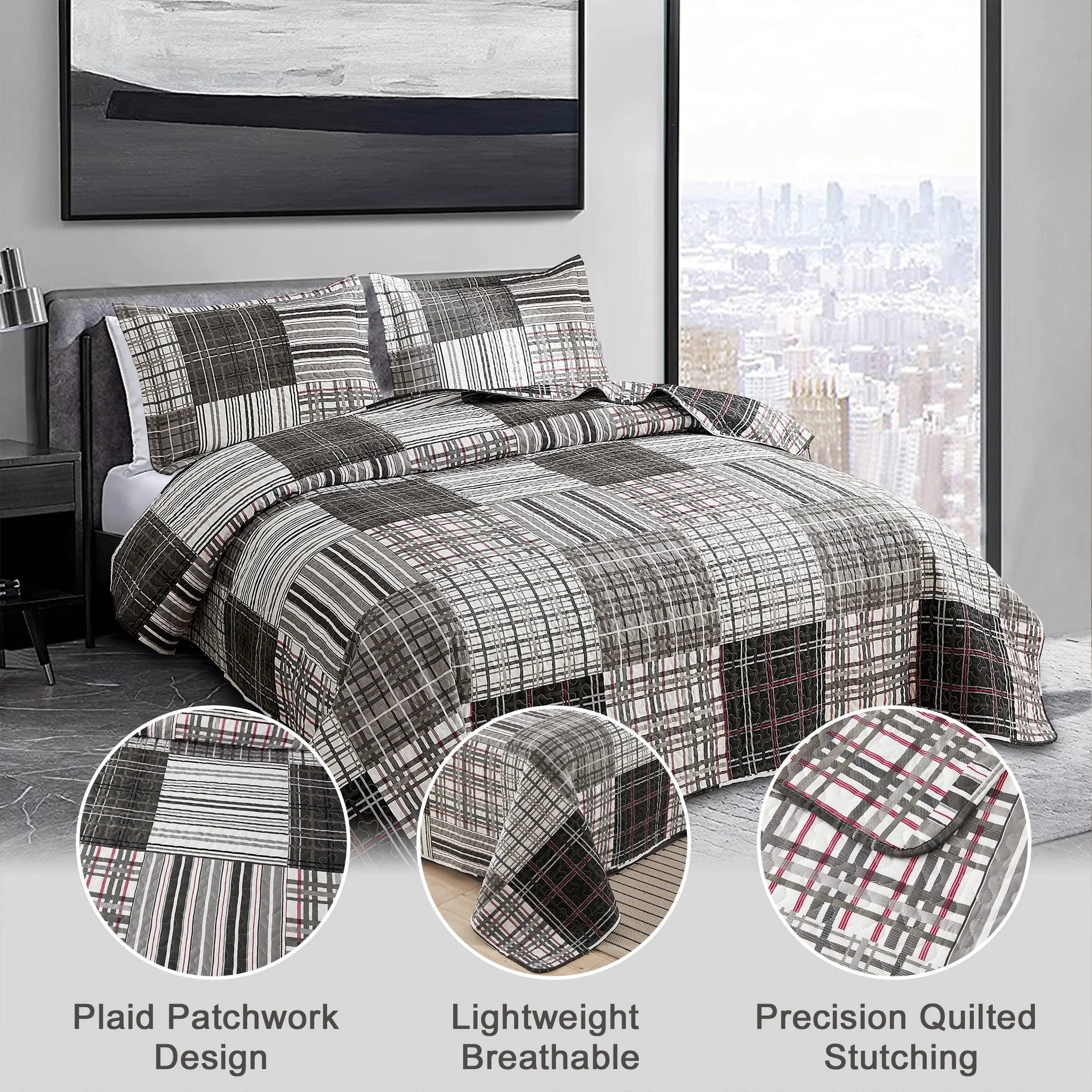 Smuge 3 Piece Quilt Set-Twin/Queen/King Sizes, Microfiber,Lightweight, Reversible, Modern Plaid Patchwork,All-Season Bedspread