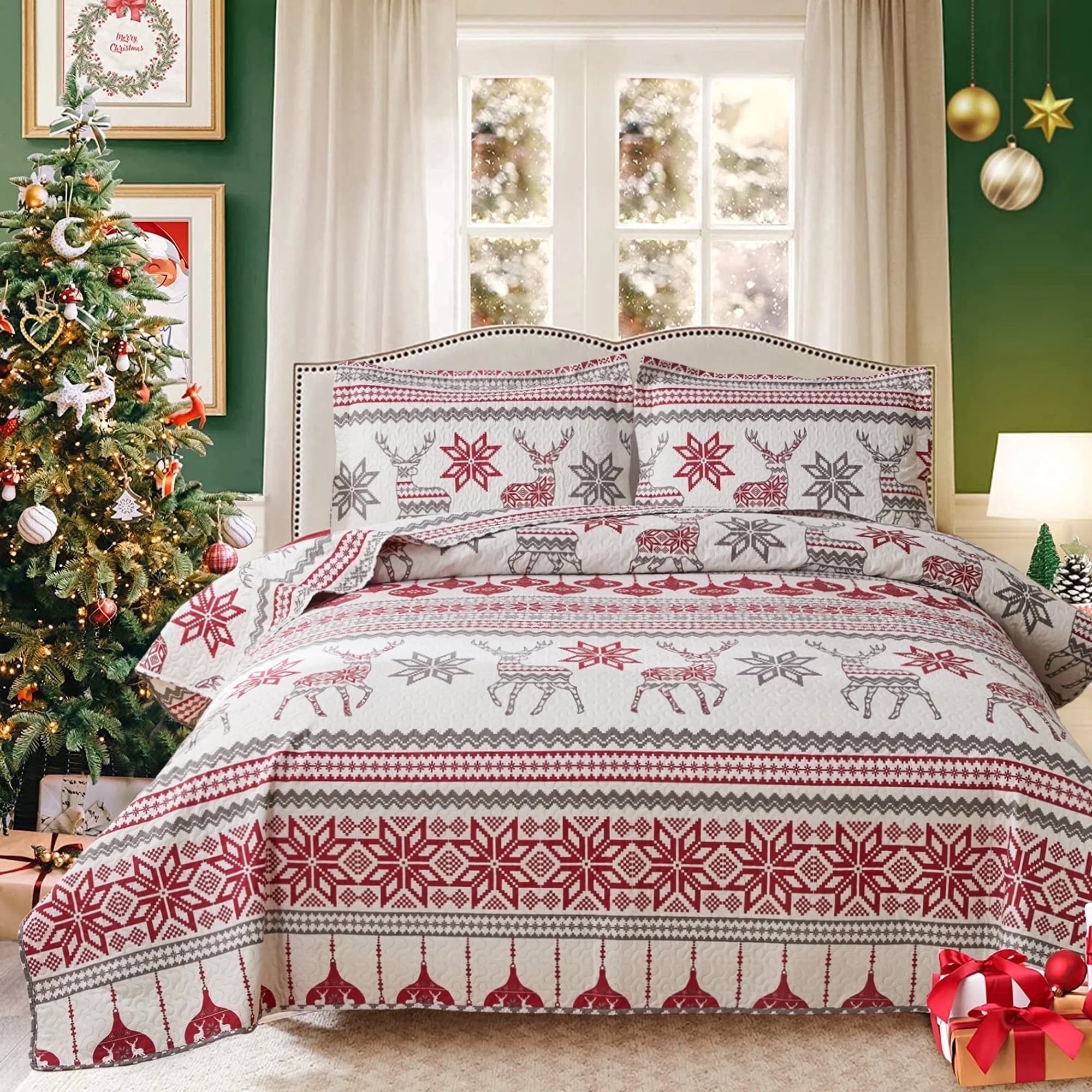 Smuge 3-Piece Christmas Bedding Set (Twin/Queen/King) - Reindeer & Lantern Quilt & Coverlet, 1 Quilt + 1 Coverlet + 2 Pillow Shams