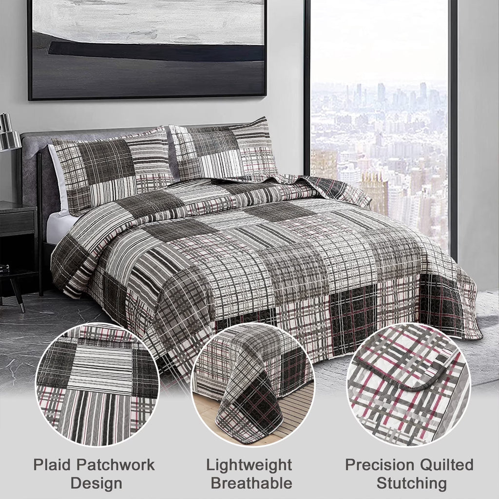 Smuge 3 Piece Quilt Set-Twin/Queen/King Sizes, Microfiber,Lightweight, Reversible, Modern Plaid Patchwork,All-Season Bedspread