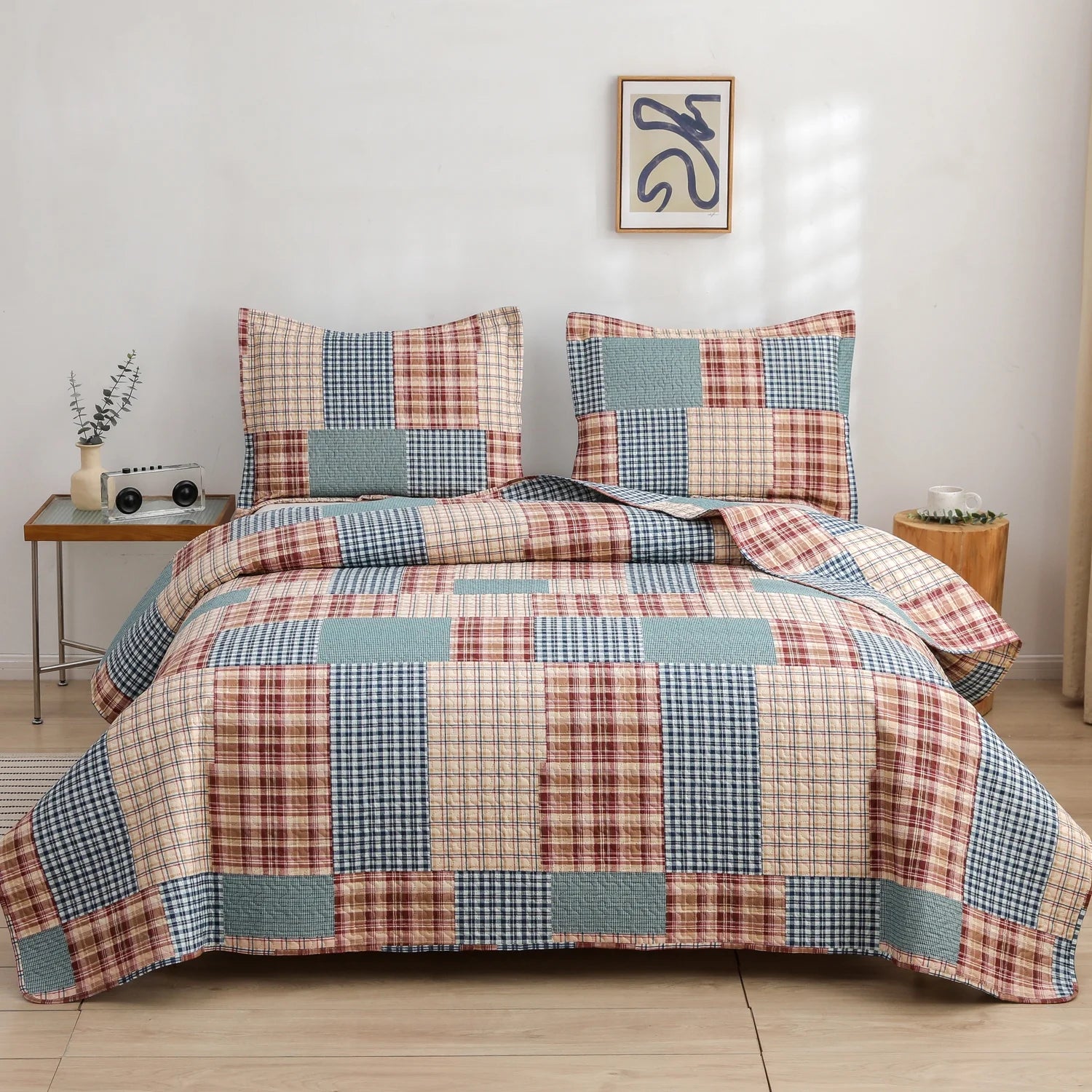 Smuge 3 Piece Quilt Set-Twin/Queen/King Sizes, Microfiber,Lightweight, Reversible, Modern Plaid Patchwork,All-Season Bedspread