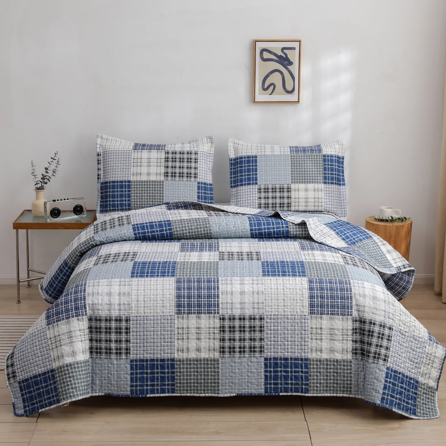 Smuge 3 Piece Quilt Set-Twin/Queen/King Sizes, Microfiber,Lightweight, Reversible, Modern Plaid Patchwork,All-Season Bedspread