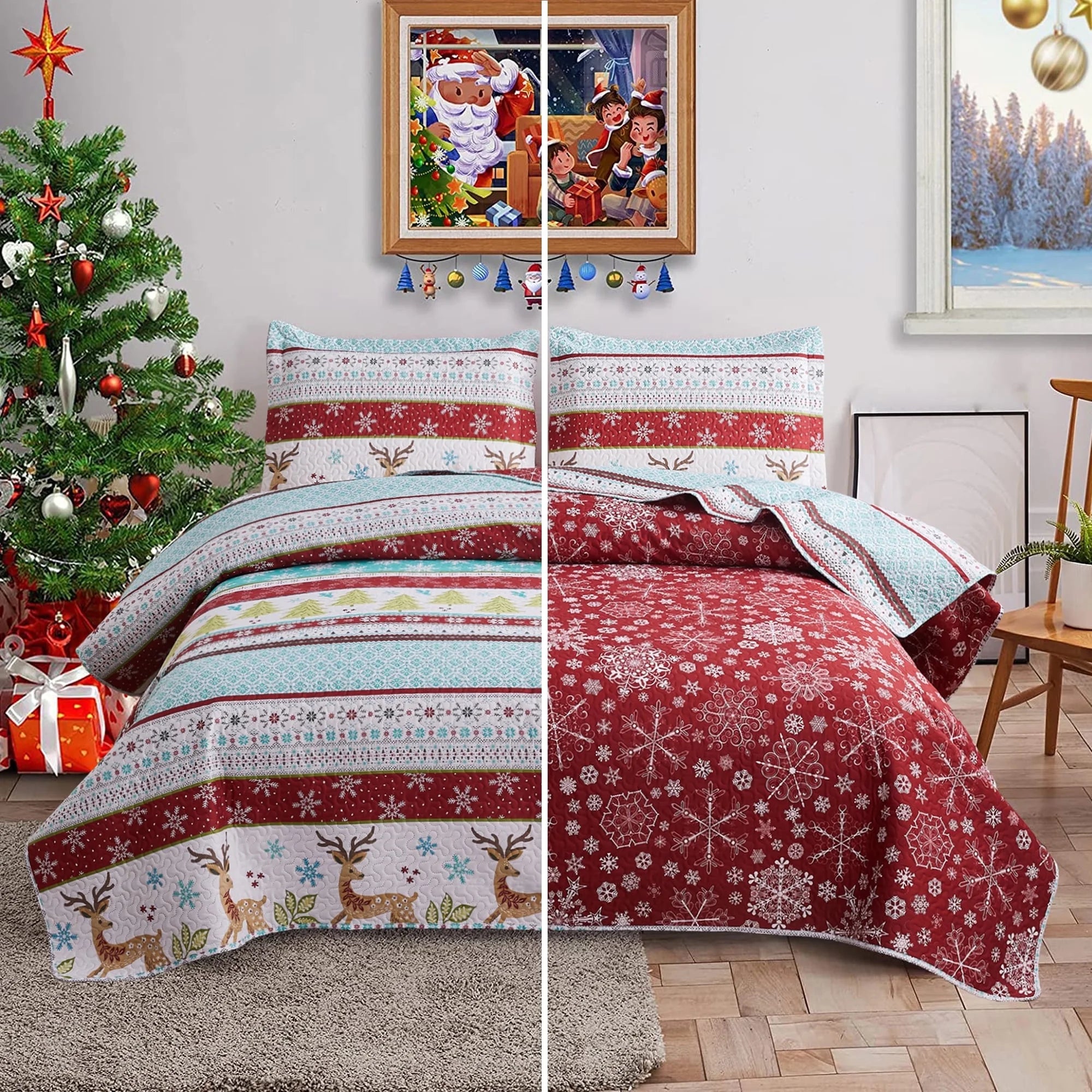 Smuge 3-Piece Christmas Bedding Set (Twin/Queen/King) - Reindeer & Lantern Quilt & Coverlet, 1 Quilt + 1 Coverlet + 2 Pillow Shams