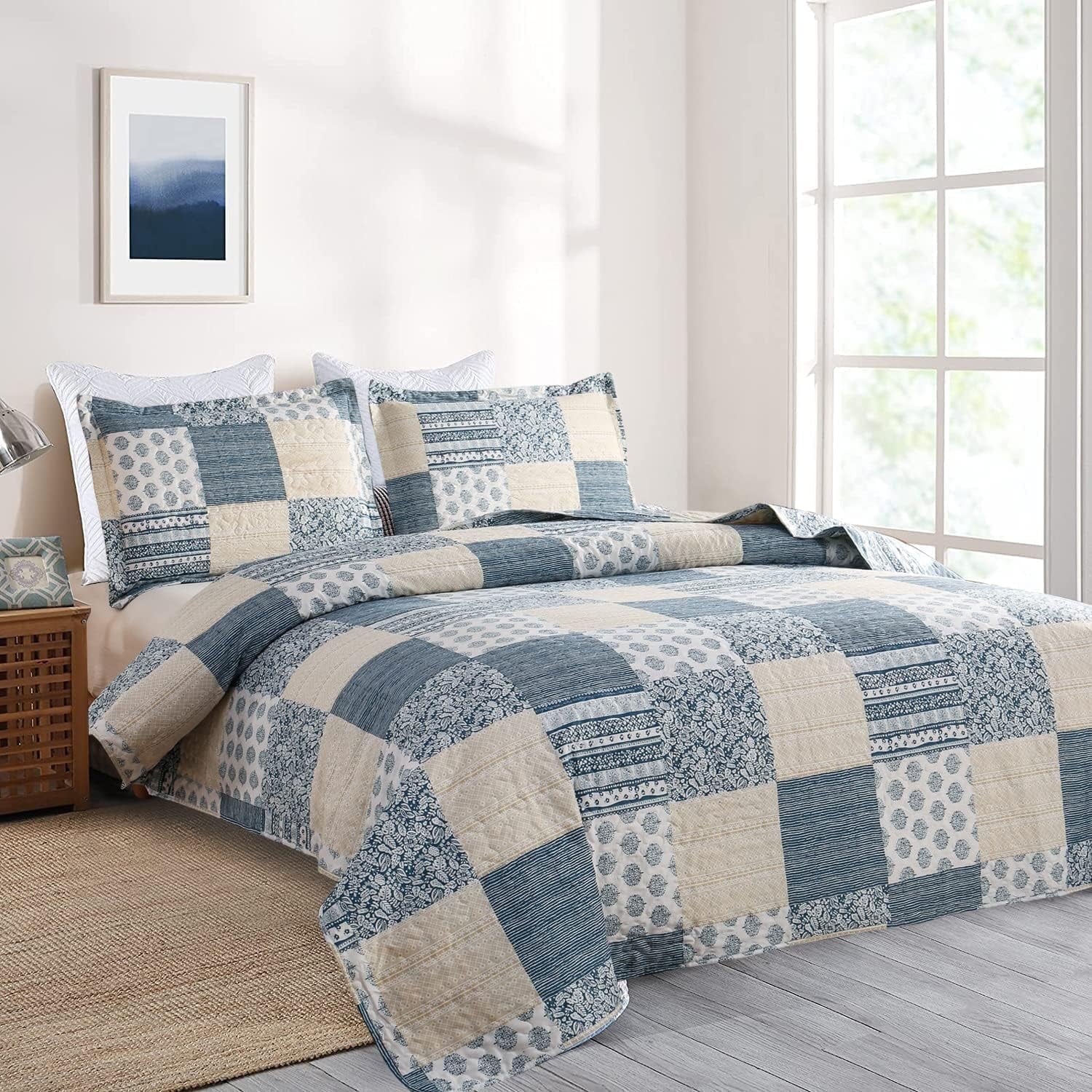 Smuge 3 Piece Quilt Set-Twin/Queen/King Sizes, Microfiber,Lightweight, Reversible, Modern Plaid Patchwork,All-Season Bedspread