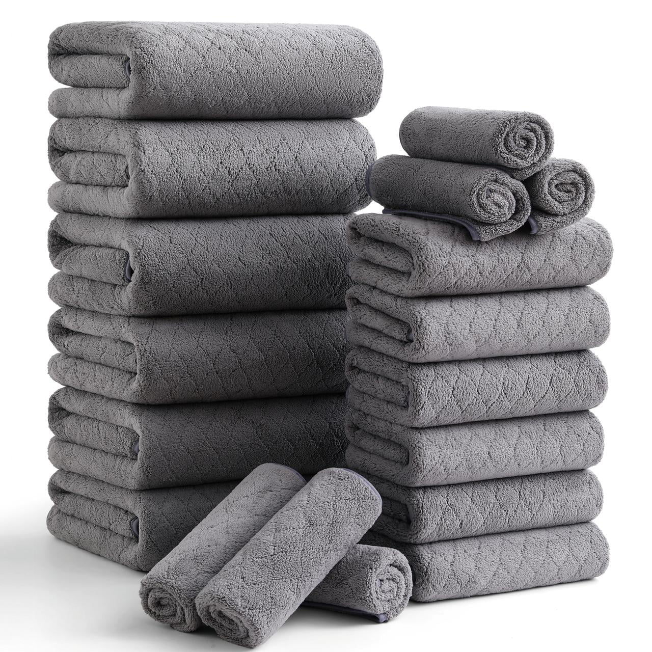 Smuge 18 pcs Bath Towel Sets, Include 6 Bath Sheet Towels, 6 Hand Towels, 6 Washcloths, Soft Microfiber Highly Absorbent Shower Towel for Bathroom Gym Spa