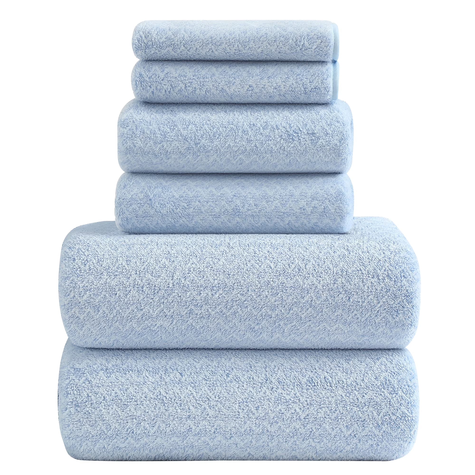 Smuge 6 Piece Light Blue Bath Towel Set, 2 Bath Towels, 2 Hand Towels, 2 Washcloths, Soft Microfiber Shower Towel for Bathroom
