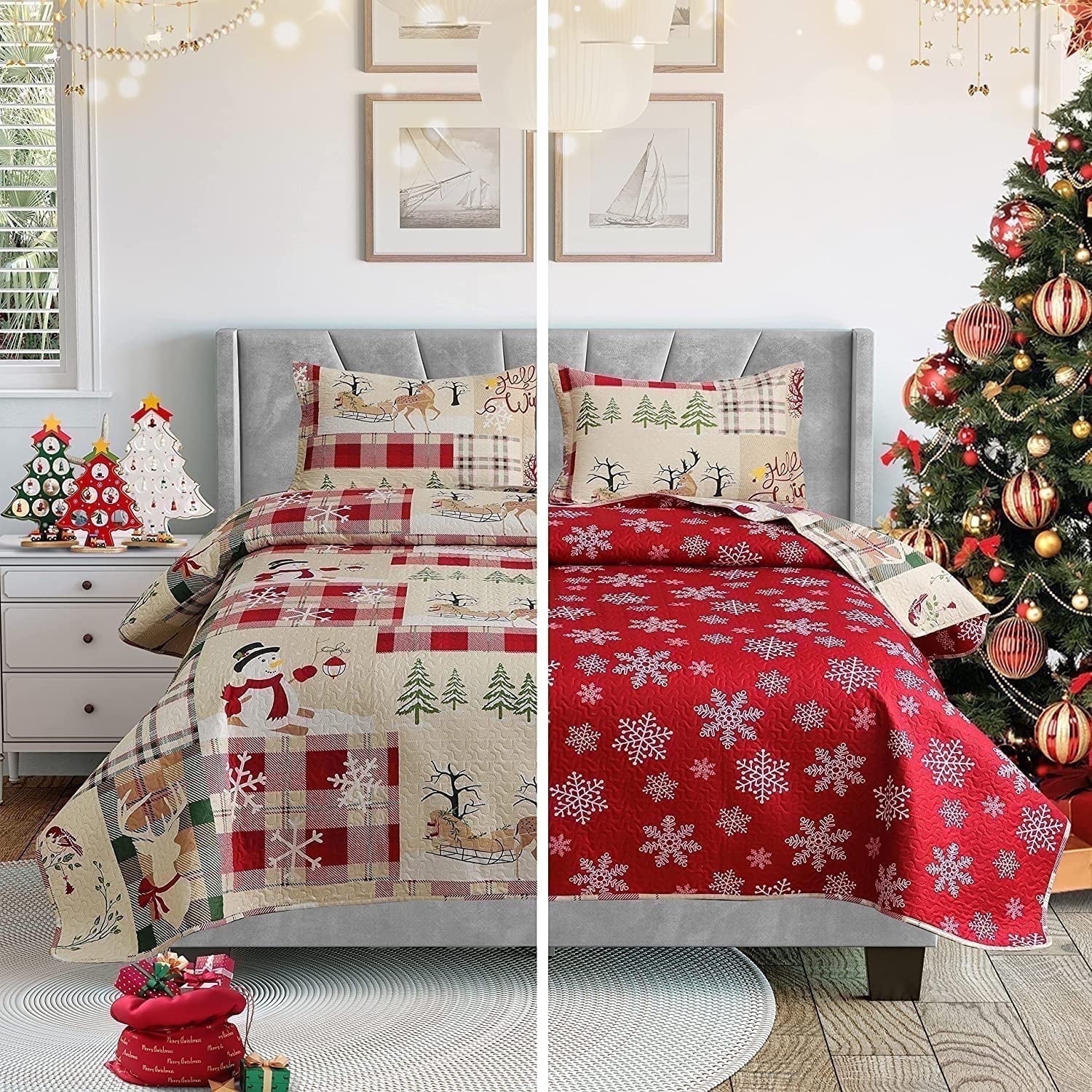 Smuge 3-Piece Christmas Bedding Set (Twin/Queen/King) - Reindeer & Lantern Quilt & Coverlet, 1 Quilt + 1 Coverlet + 2 Pillow Shams