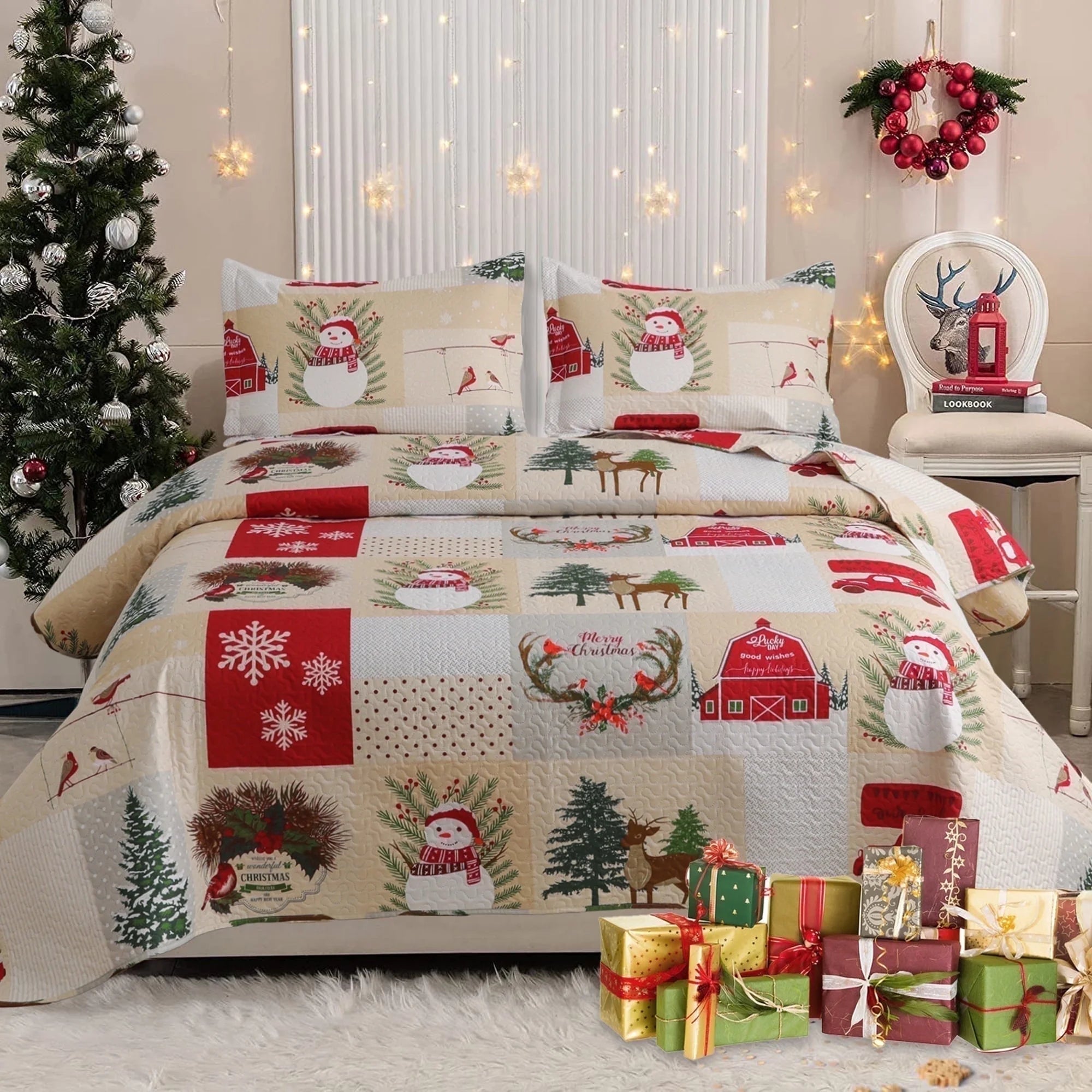 Smuge 3-Piece Christmas Bedding Set (Twin/Queen/King) - Reindeer & Lantern Quilt & Coverlet, 1 Quilt + 1 Coverlet + 2 Pillow Shams