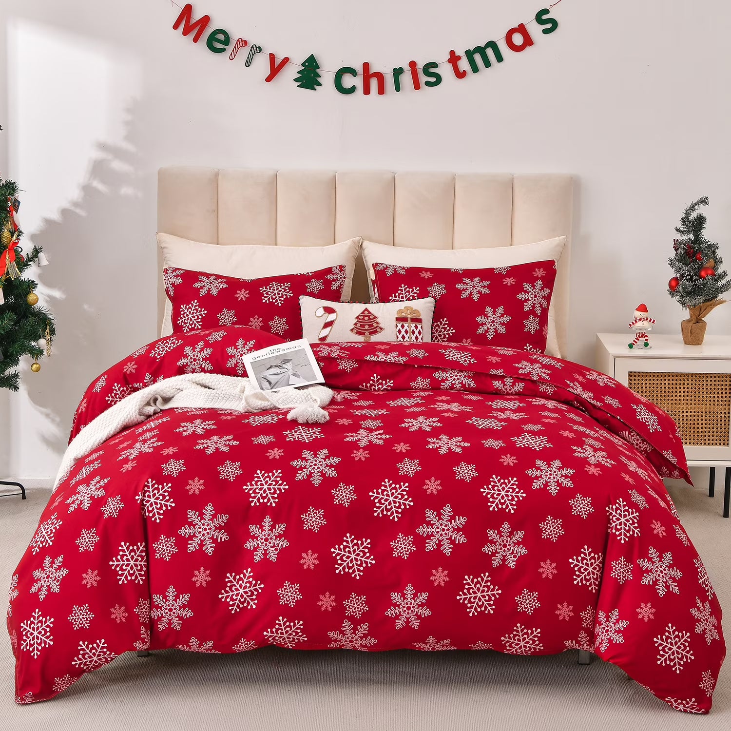 Smuge Christmas Duvet Cover Set - Elf, Snowflake & Wreath Design (with 2 Pillow Shams