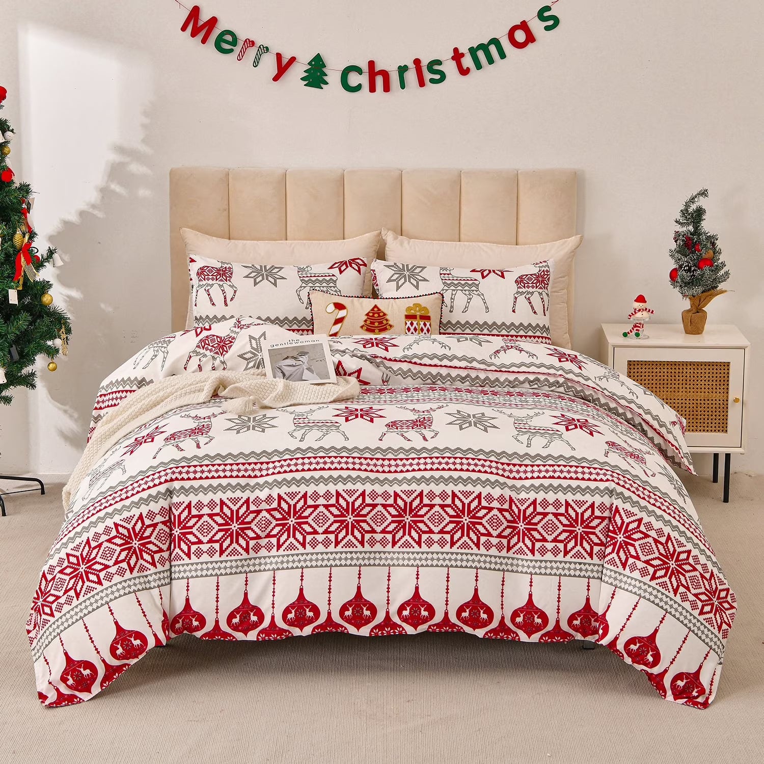 Smuge Christmas Duvet Cover Set - Elf, Snowflake & Wreath Design (with 2 Pillow Shams