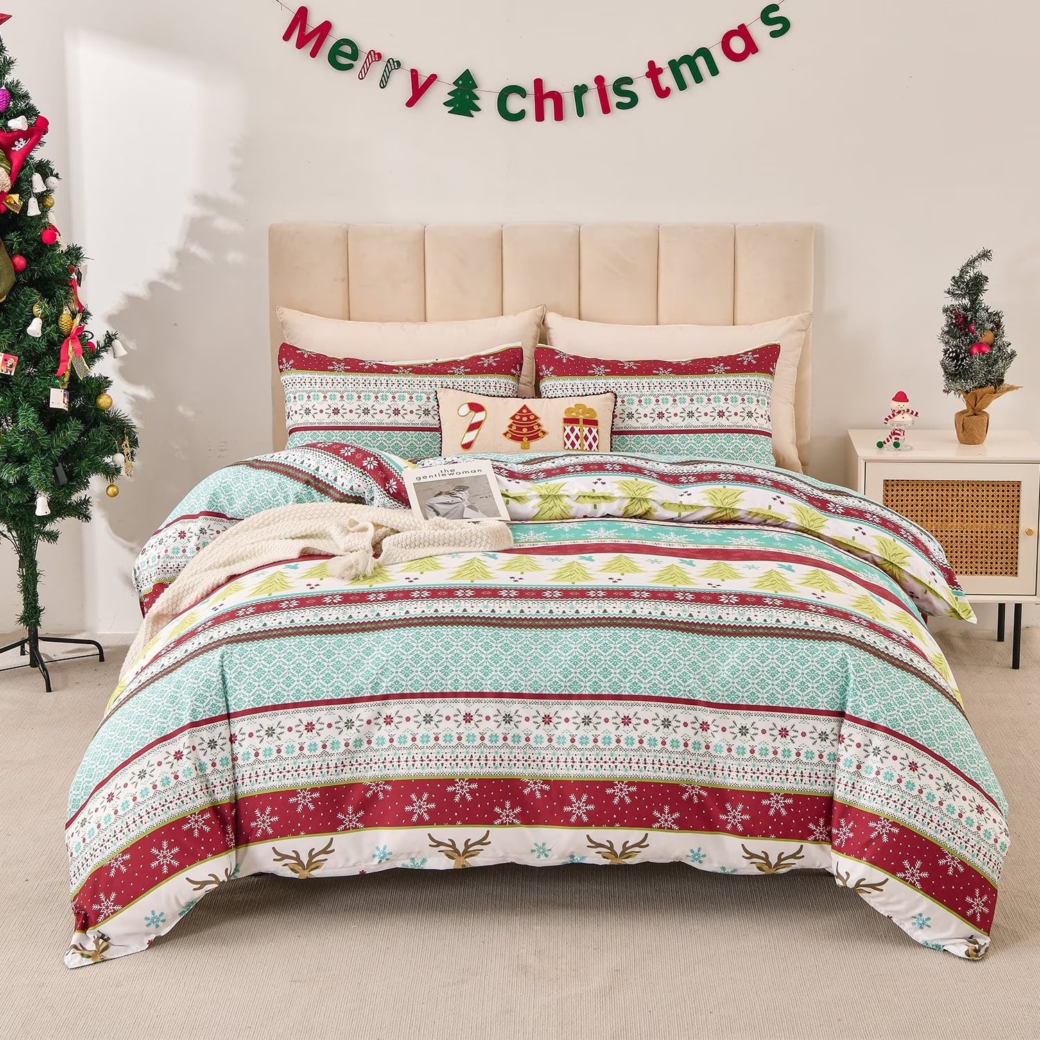 Smuge Christmas Duvet Cover Set - Elf, Snowflake & Wreath Design (with 2 Pillow Shams