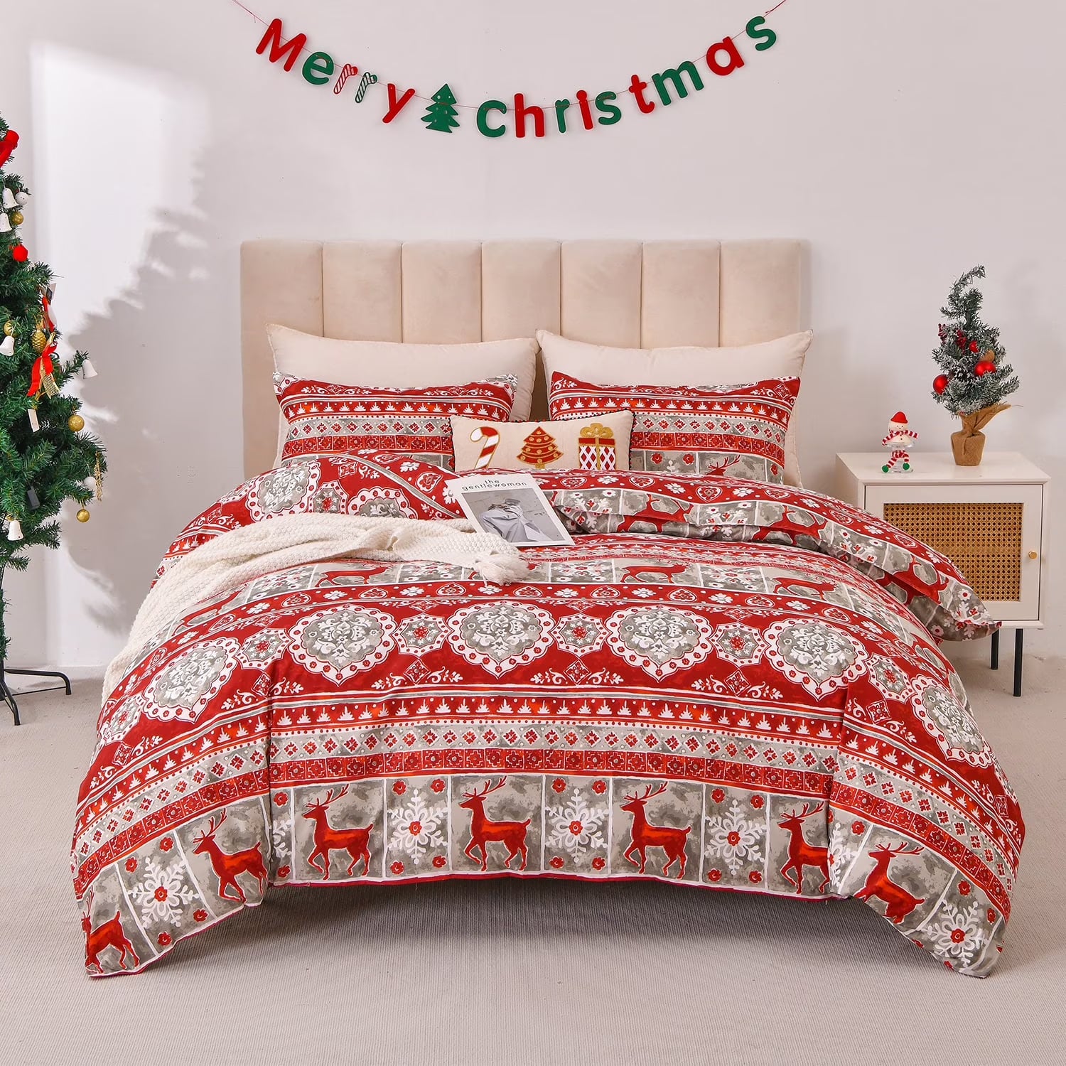 Smuge Christmas Duvet Cover Set - Elf, Snowflake & Wreath Design (with 2 Pillow Shams