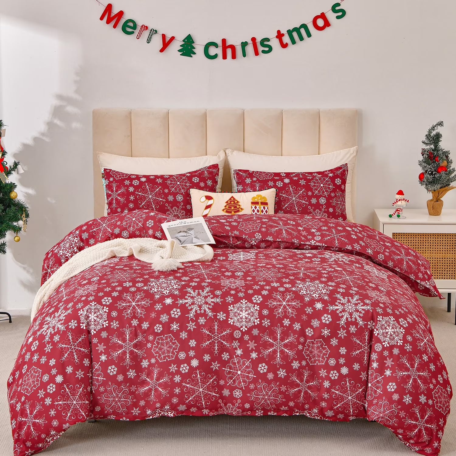 Smuge Christmas Duvet Cover Set - Elf, Snowflake & Wreath Design (with 2 Pillow Shams