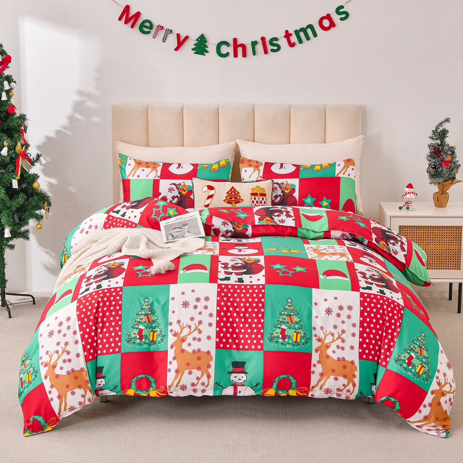 Smuge Christmas Duvet Cover Set - Elf, Snowflake & Wreath Design (with 2 Pillow Shams