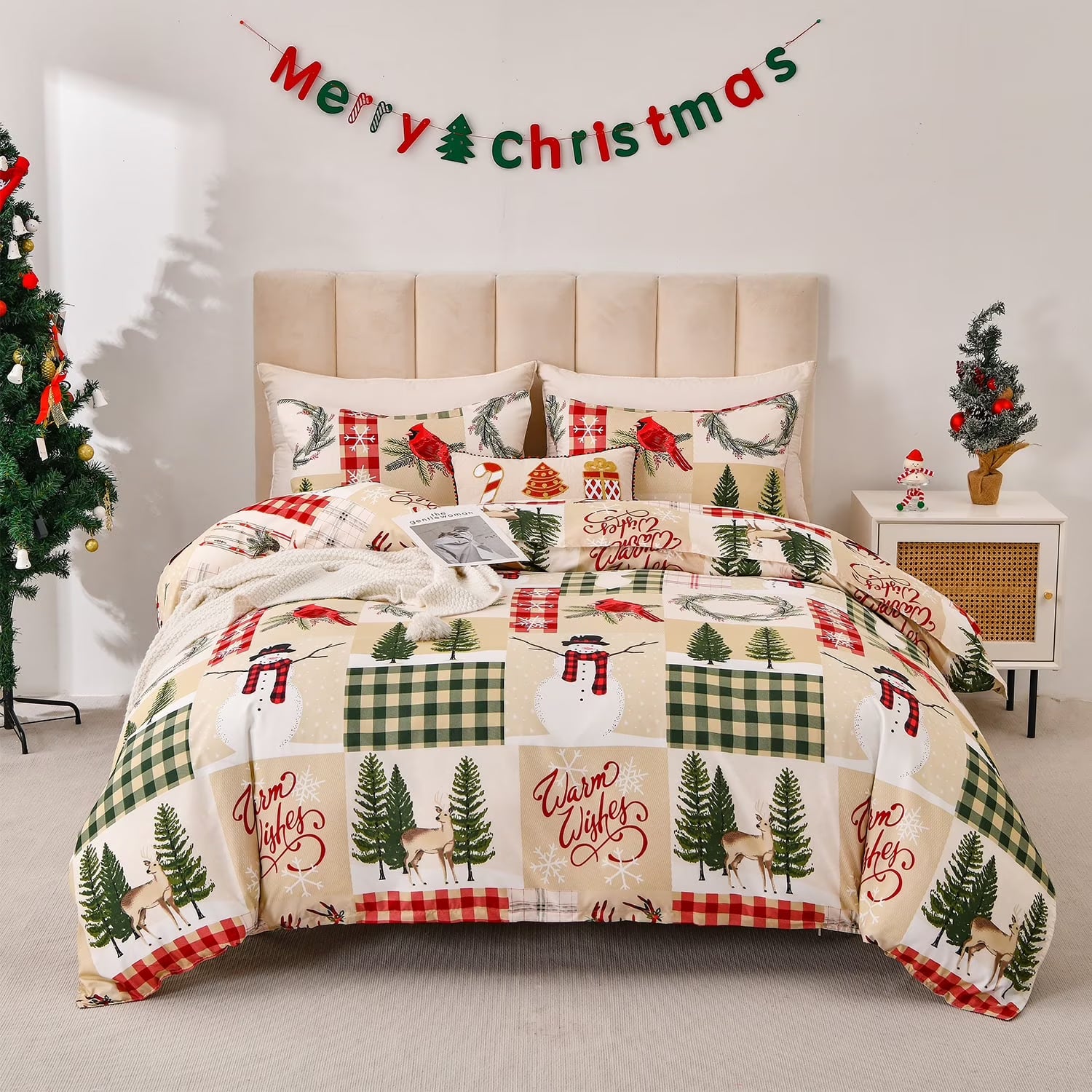 Smuge Christmas Duvet Cover Set - Elf, Snowflake & Wreath Design (with 2 Pillow Shams