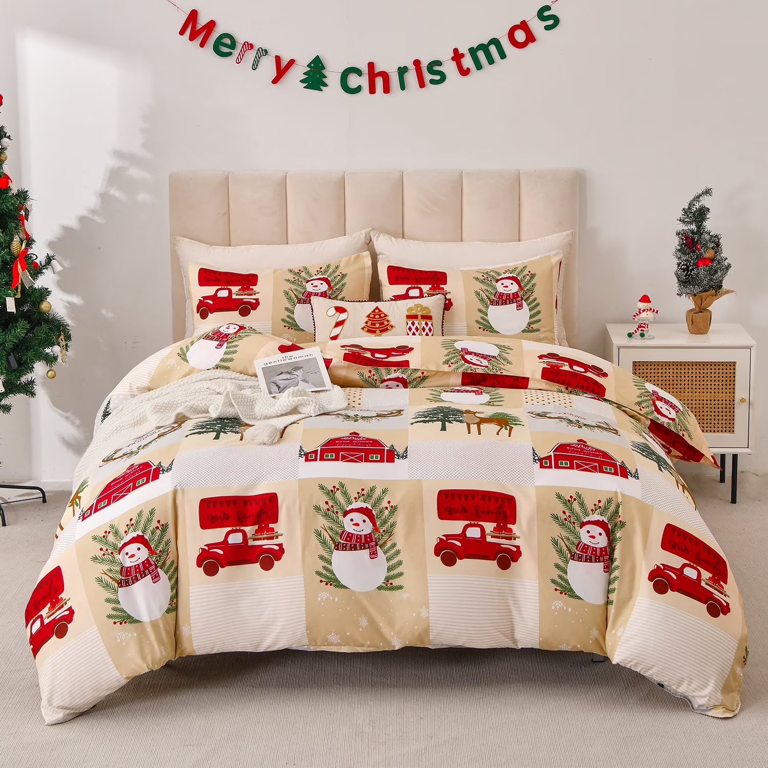 Smuge Christmas Duvet Cover Set - Elf, Snowflake & Wreath Design (with 2 Pillow Shams