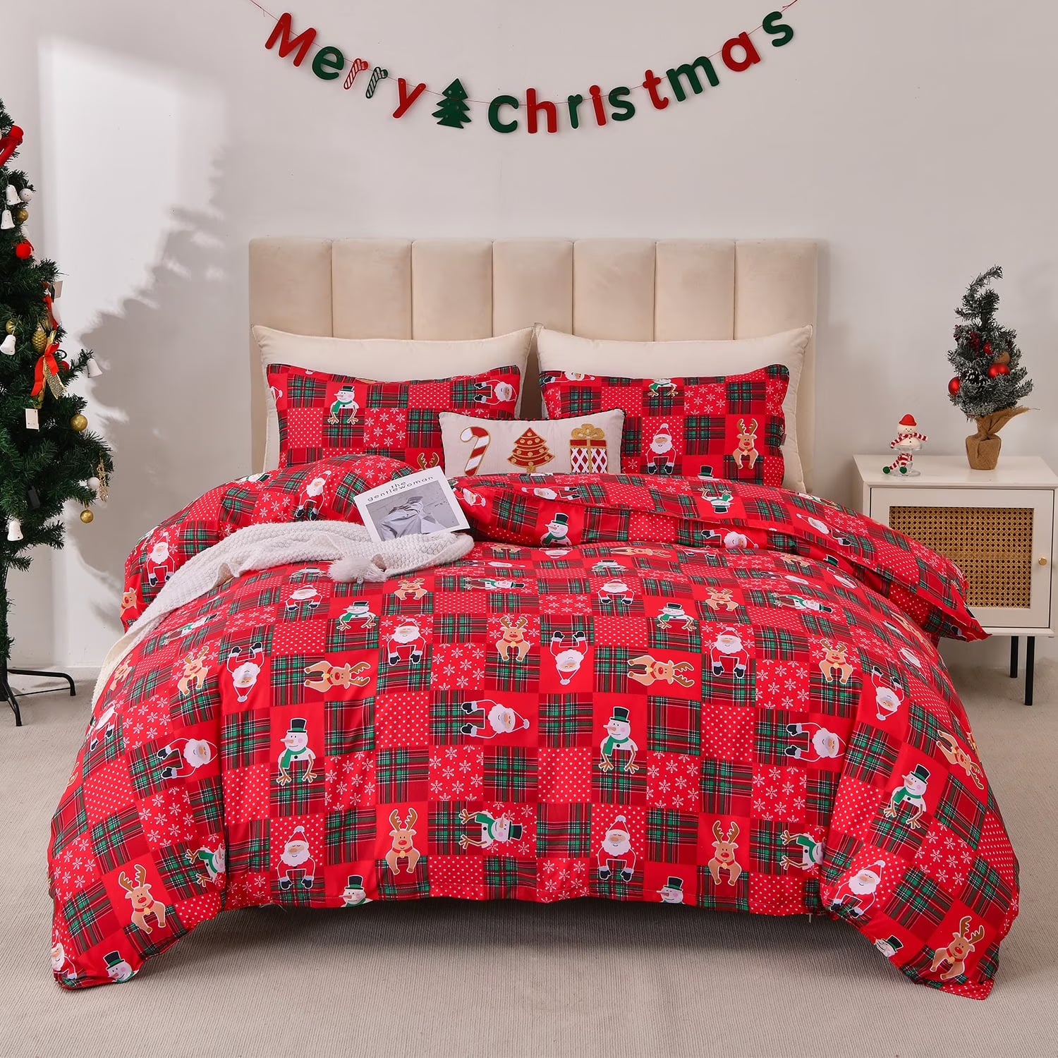 Smuge Christmas Duvet Cover Set - Elf, Snowflake & Wreath Design (with 2 Pillow Shams